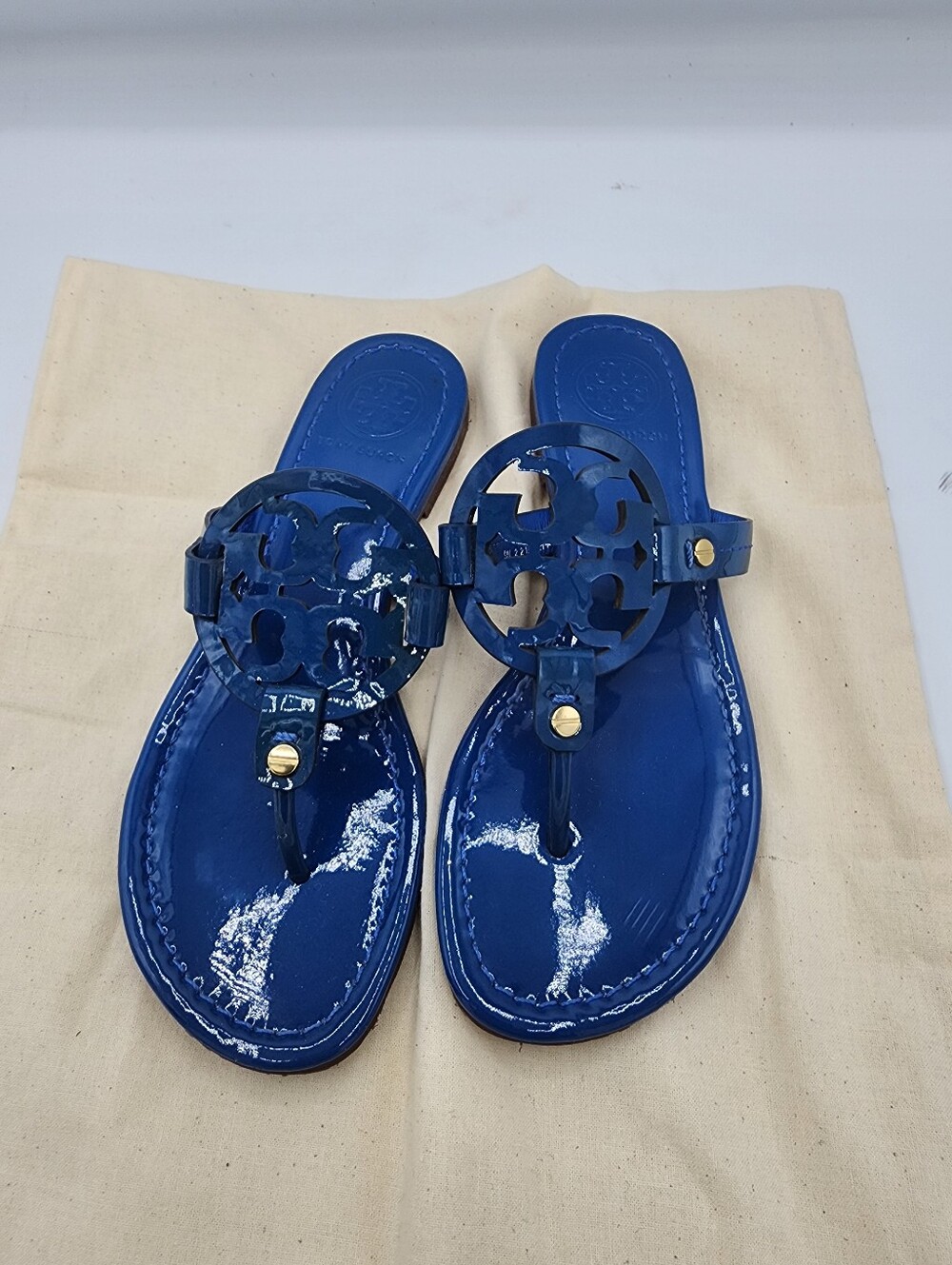 Tory Burch Blue Patent Miller Logo Thong Sandals